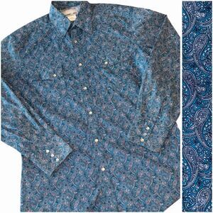 Wrangler Wrancher Shirt Blue Teal Paisley Pearl Snap Cowboy Western Size Medium